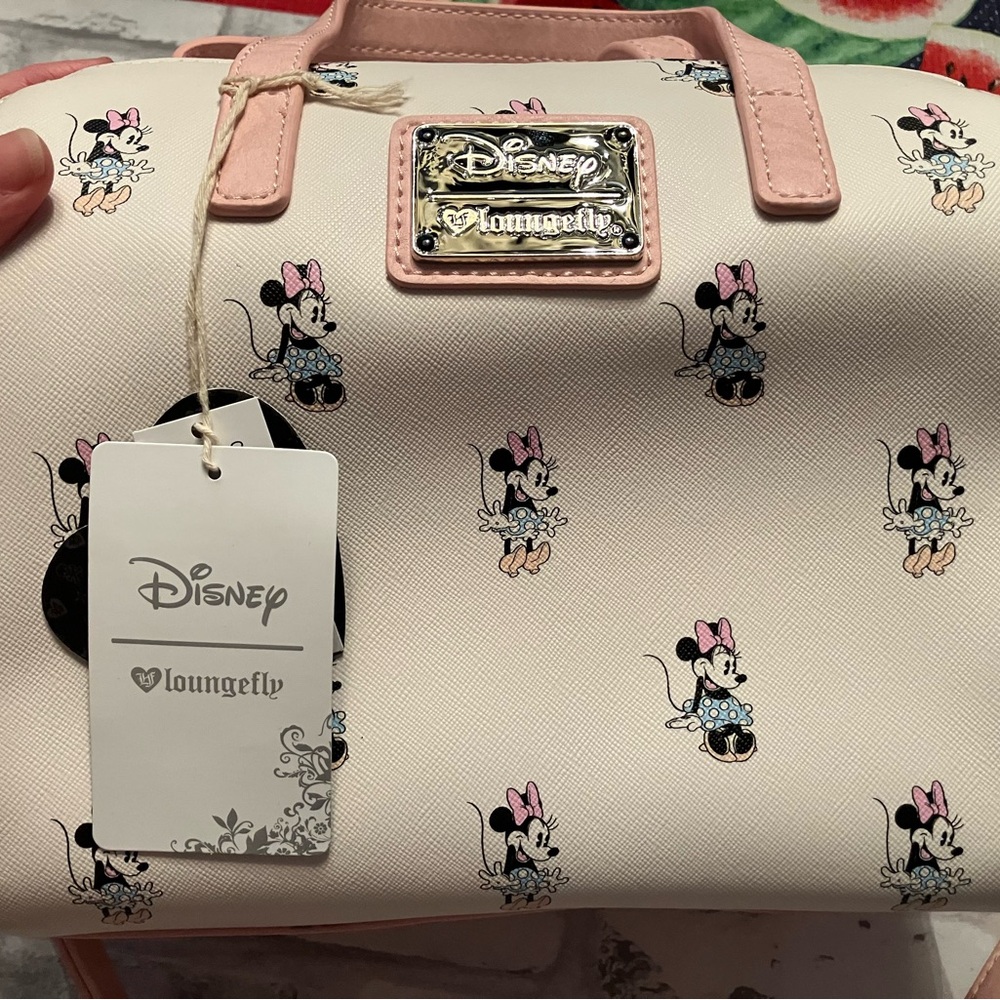 NWT Rare Disney Loungefly AOP Pastel Pink Minnie Mouse Crossbody/Barrel  Bag